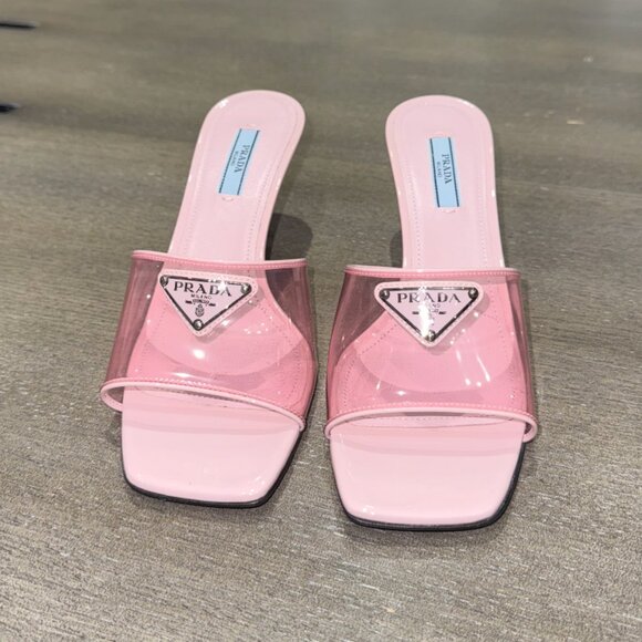 Prada Leather-trimmed Pvc Mules In Alabastro; pink Kitten Heels Size 37 size 7 - Picture 1 of 8